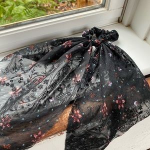 Anthropologie Black Floral Ponytail Hair Scarf